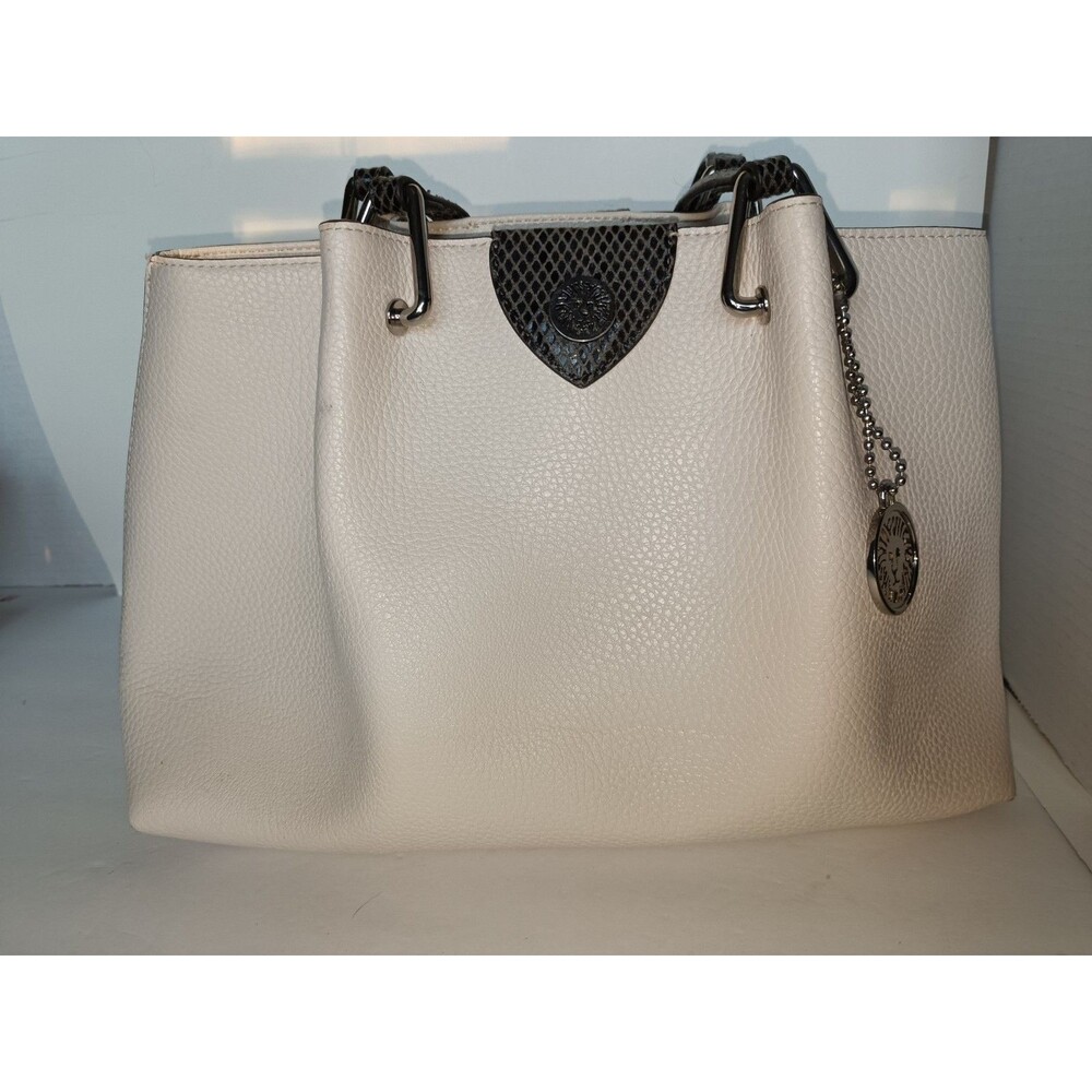 Anne Klein Cream Pebbled Leather Tote Satchel Shoulder Bag Lion Charm